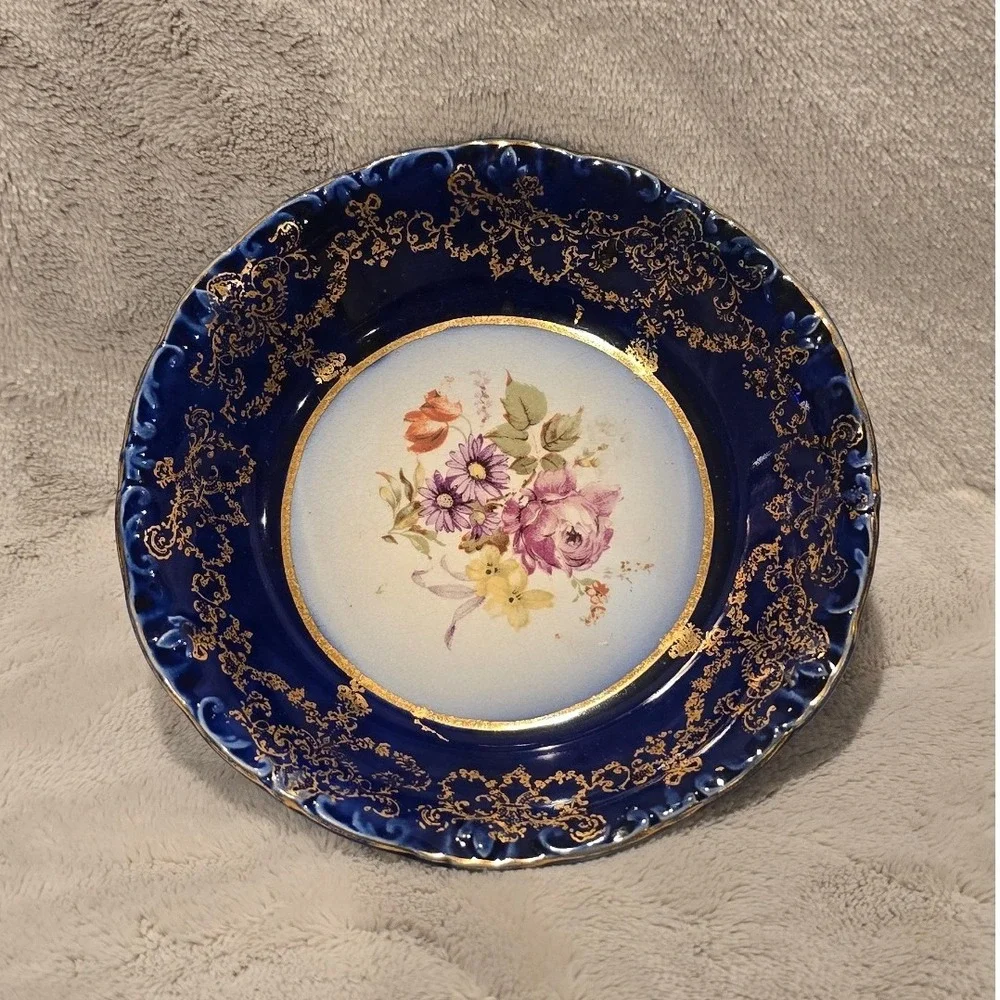 Vintage Rideways England Cobalt Blue/Gold Filigree Edge Gilded Bowl Dish 5.25